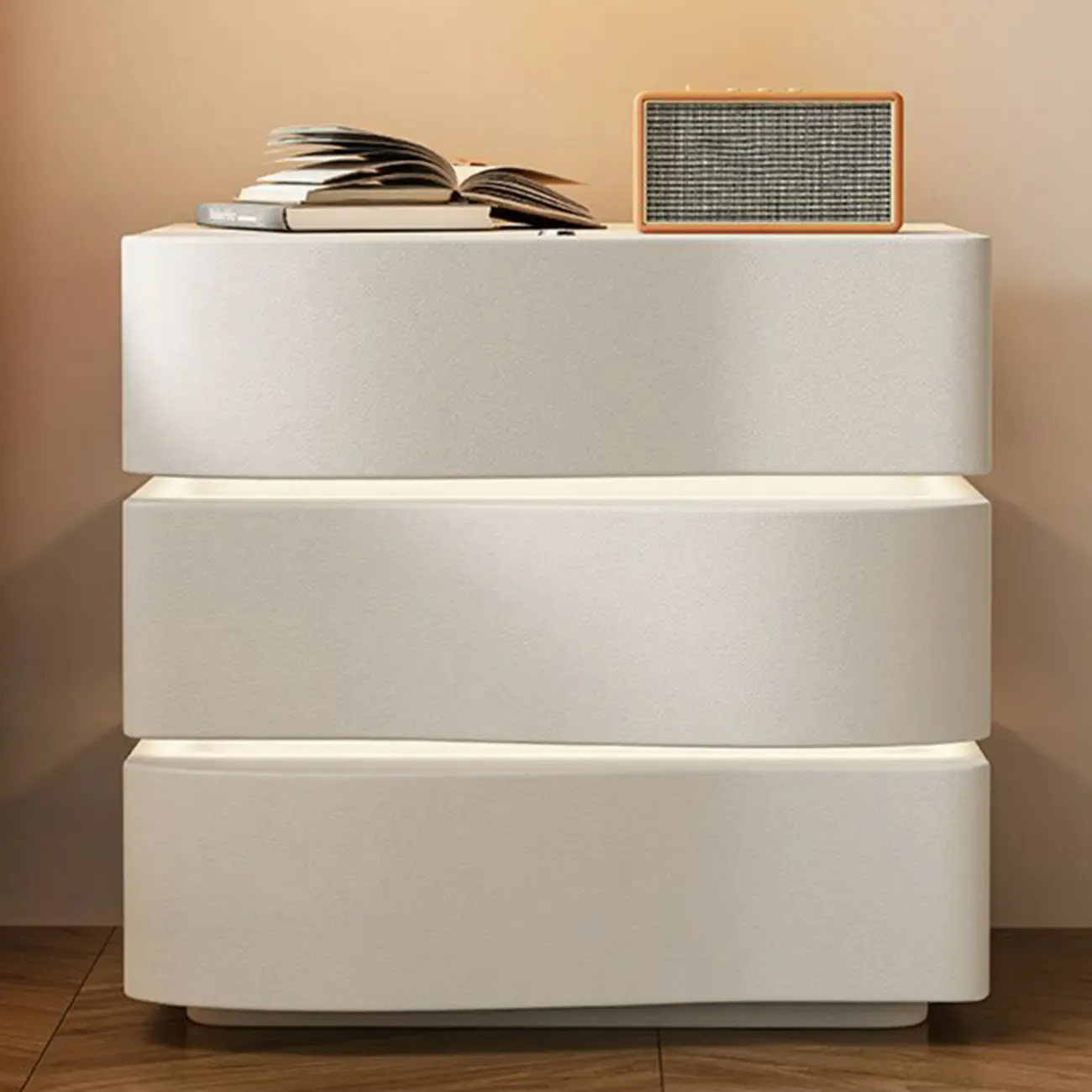 Modern White Waved Wood 3-Drawer Nightstand Image - 2