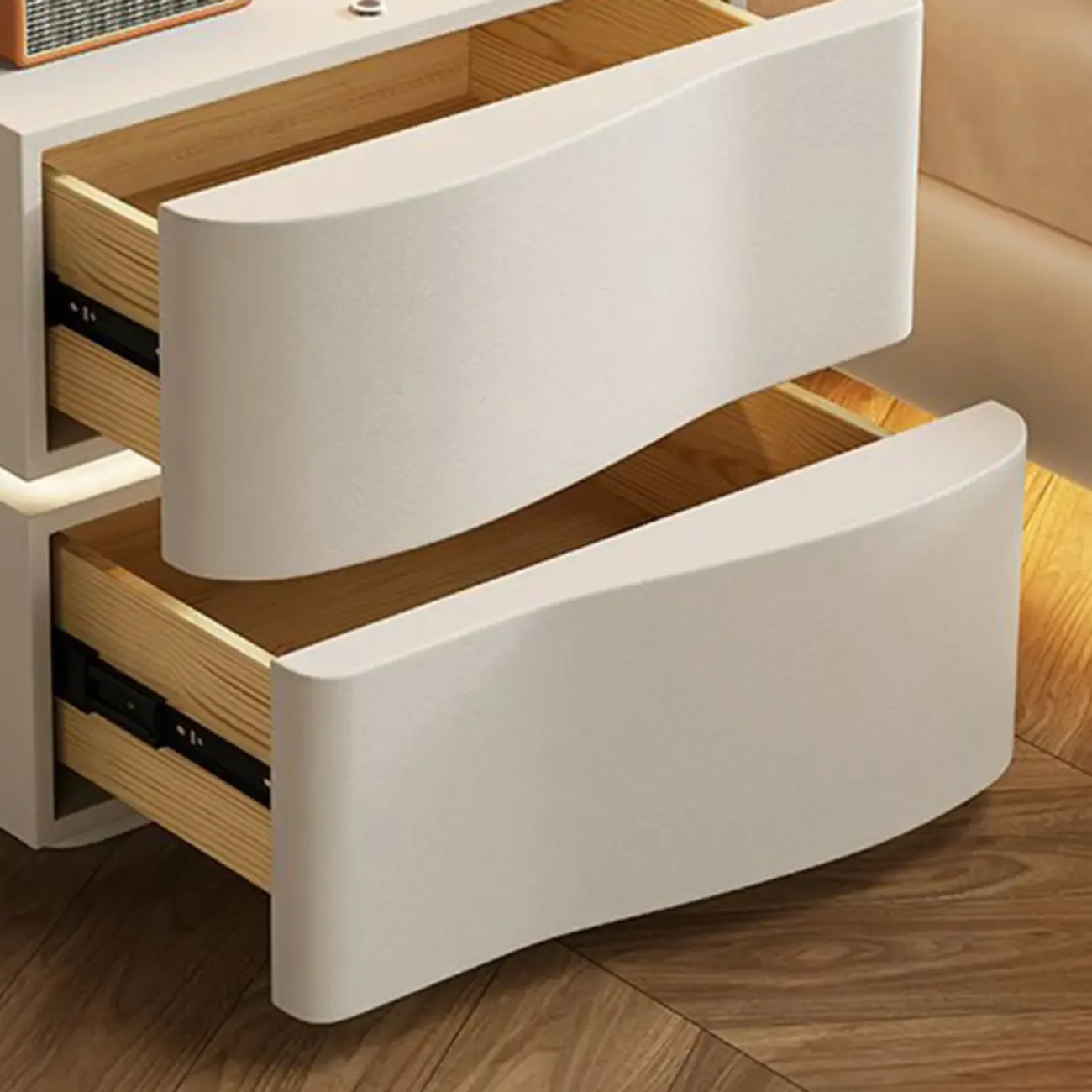 Modern White Waved Wood 3-Drawer Nightstand Image - 9