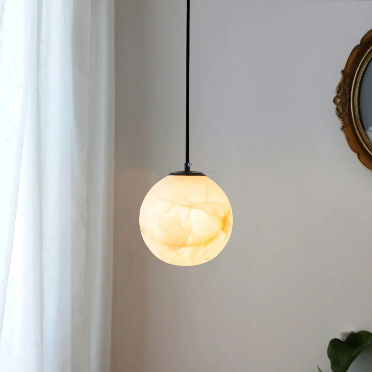 Modern Stone Globe Pendant Light Black Metal Hanging Image - 1 | homeyfad