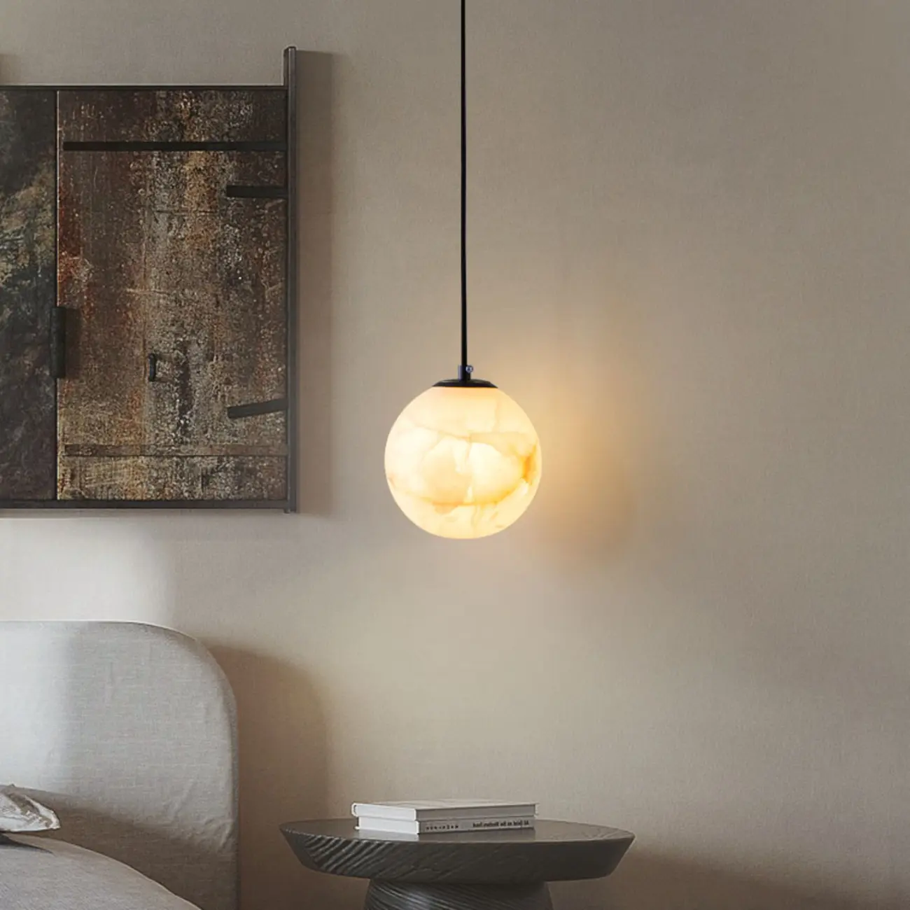 Modern Stone Globe Pendant Light Black Metal Hanging Image - 6 | homeyfad