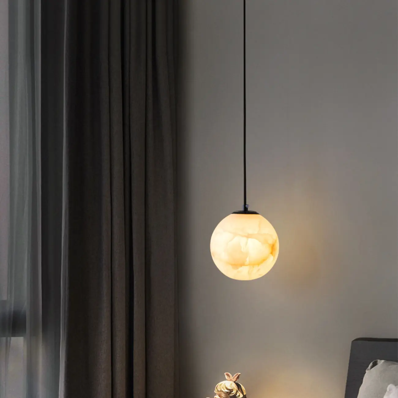 Modern Stone Globe Pendant Light Black Metal Hanging Image - 8 | homeyfad