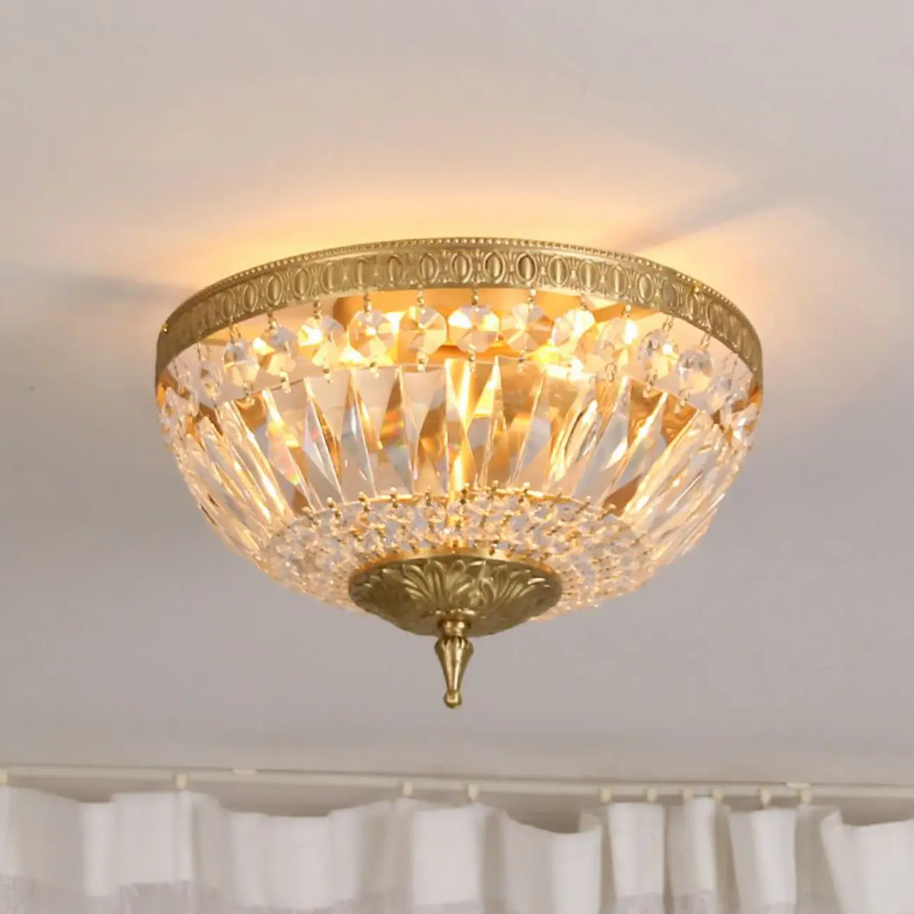 European Classical Crystal Brass Drum Flush Ceiling Light Image - 1 | homeyfad