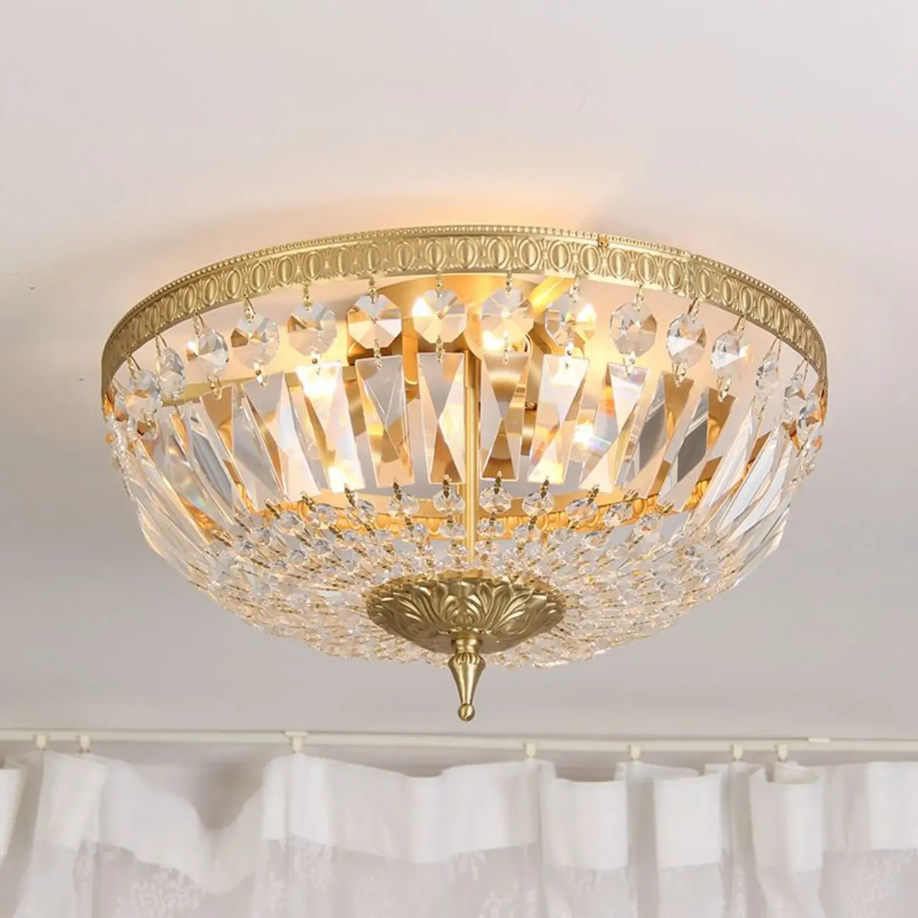European Classical Crystal Brass Drum Flush Ceiling Light Image - 2 | homeyfad