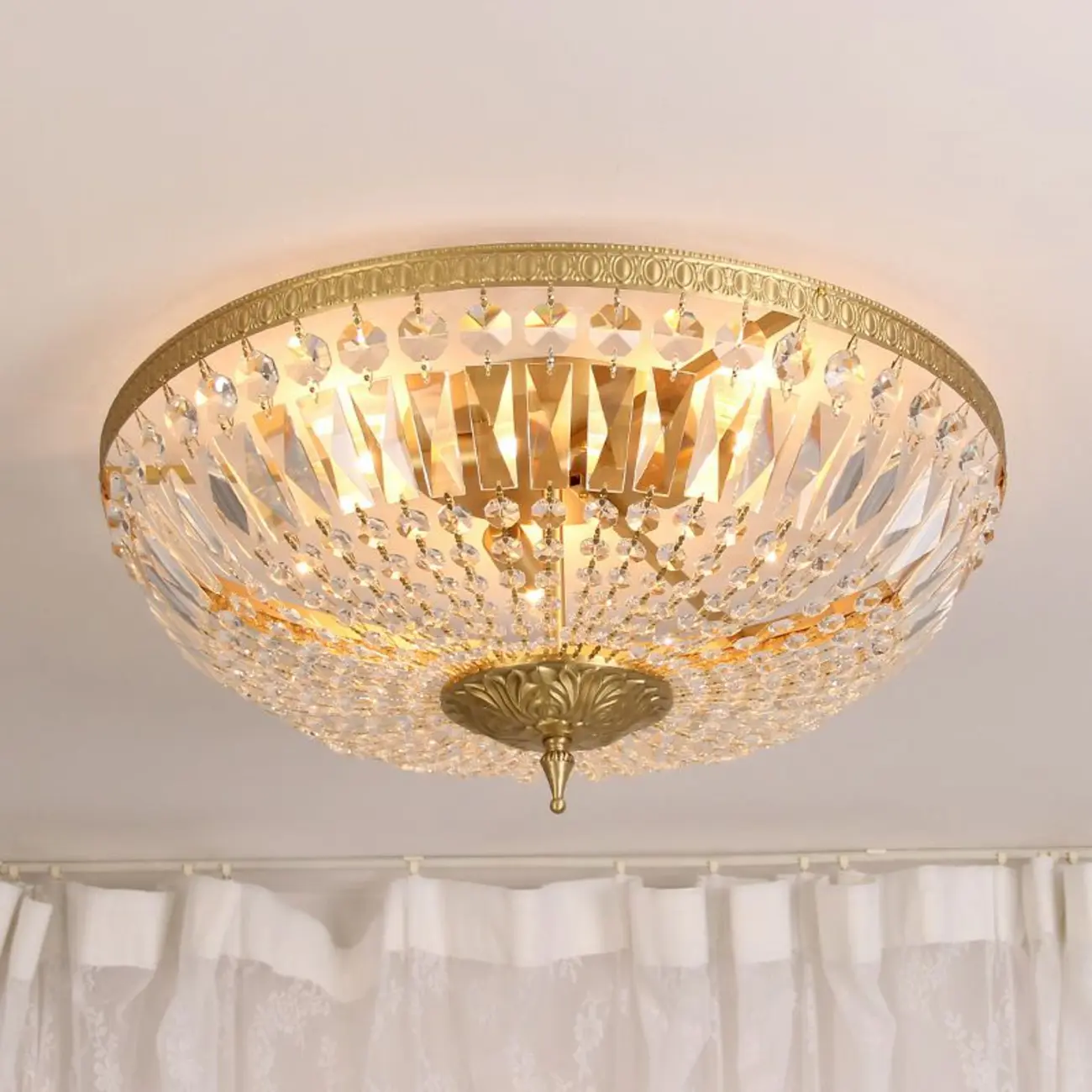 European Classical Crystal Brass Drum Flush Ceiling Light Image - 7 | homeyfad