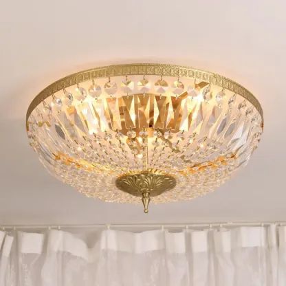 European Classical Crystal Brass Drum Flush Ceiling Light Image - 7