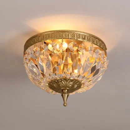 European Classical Crystal Brass Drum Flush Ceiling Light Image - 9