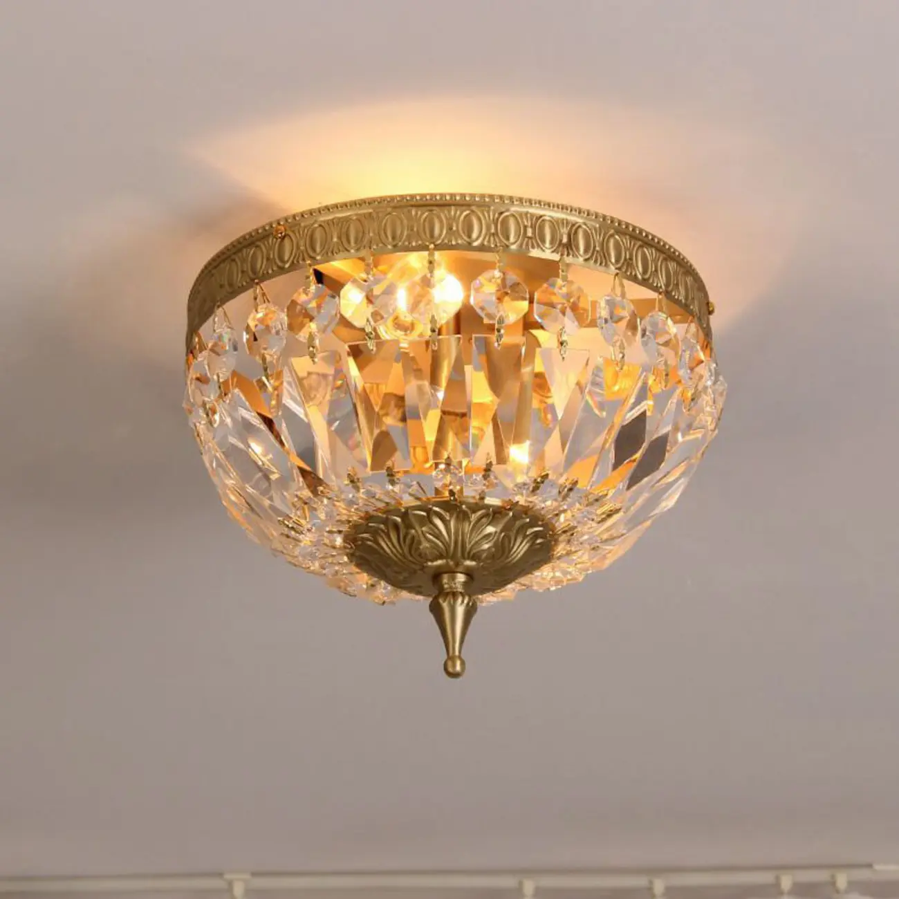 European Classical Crystal Brass Drum Flush Ceiling Light Image - 10 | homeyfad
