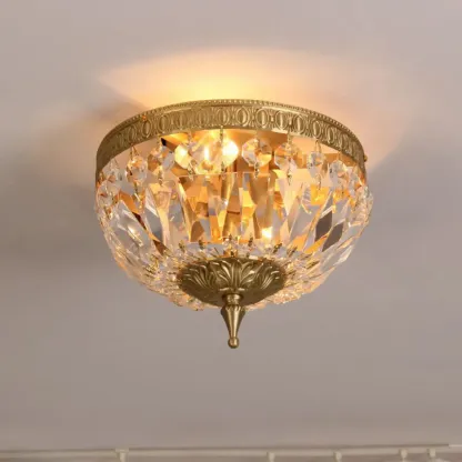 European Classical Crystal Brass Drum Flush Ceiling Light Image - 10
