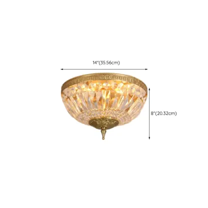 European Classical Crystal Brass Drum Flush Ceiling Light Image - 13