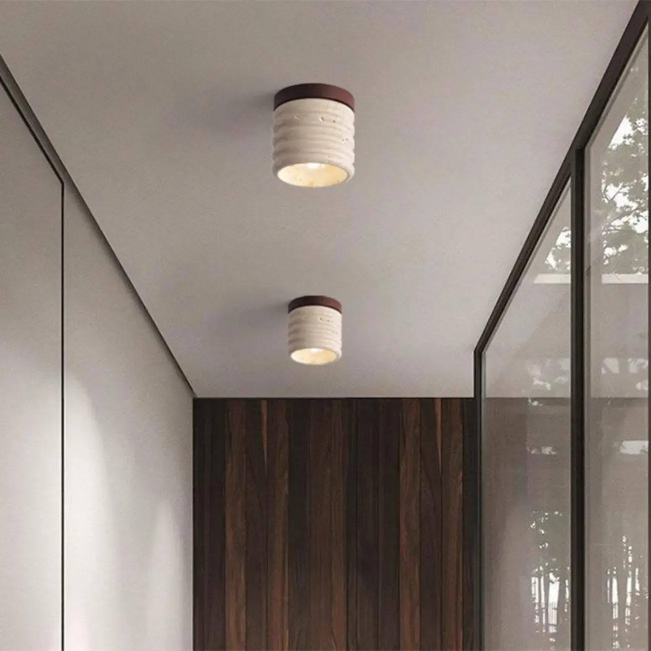 Modern Cylinder Stone Beige Flush Ceiling Light for Hallway Image - 1