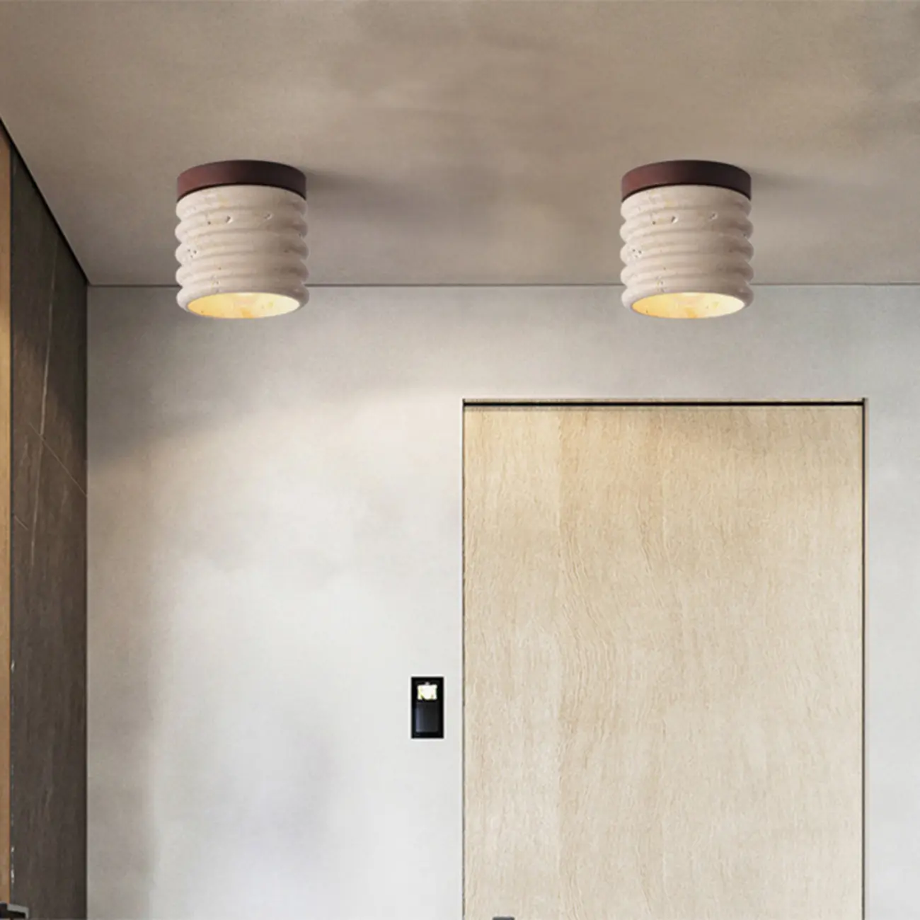 Modern Cylinder Stone Beige Flush Ceiling Light for Hallway Image - 9 | homeyfad