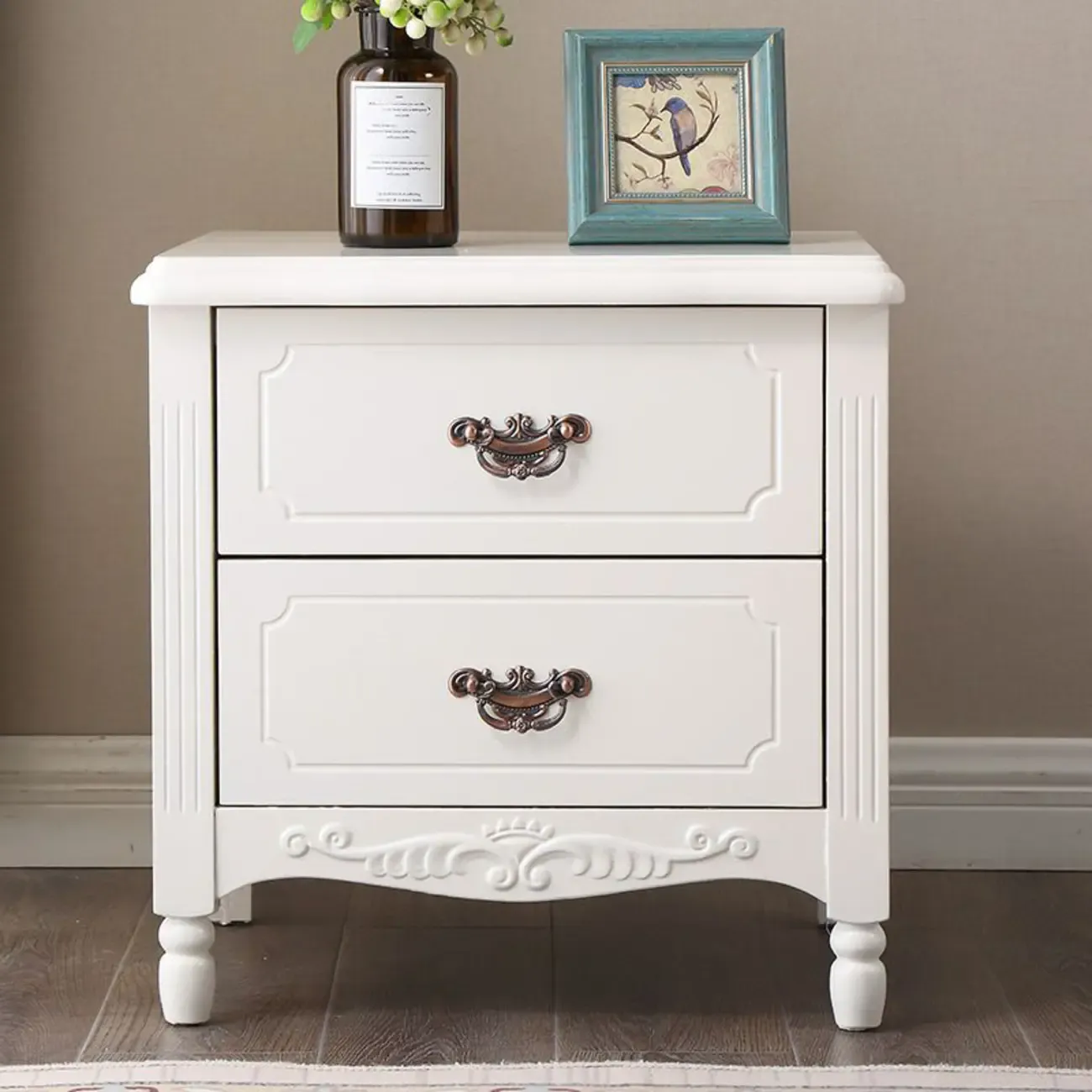 Classic Wood White Carved 2-Drawer Nightstand Image - 1