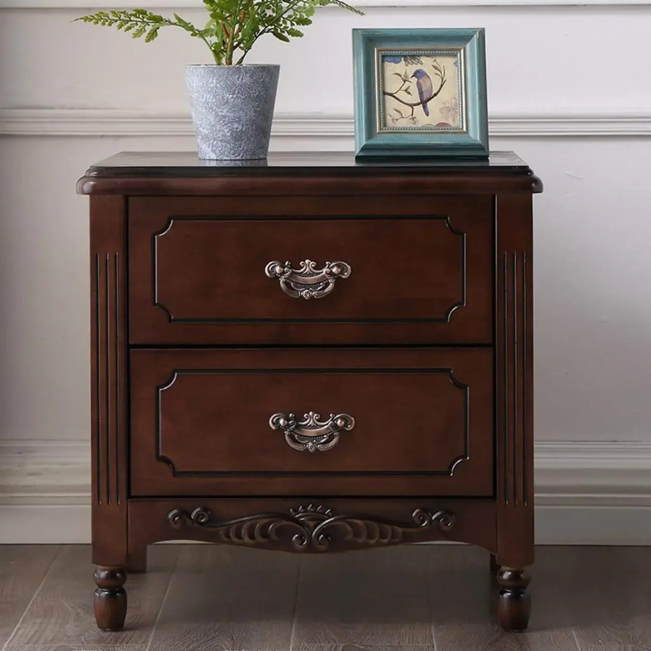 Classic Wood White Carved 2-Drawer Nightstand Image - 2