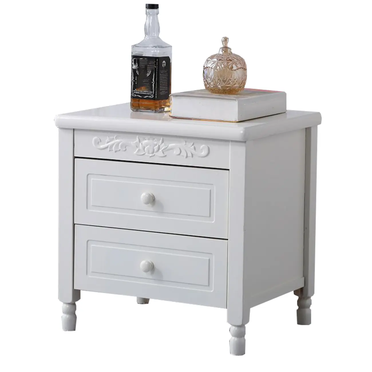 Classic Wood White Carved 2-Drawer Nightstand Image - 9 | homeyfad