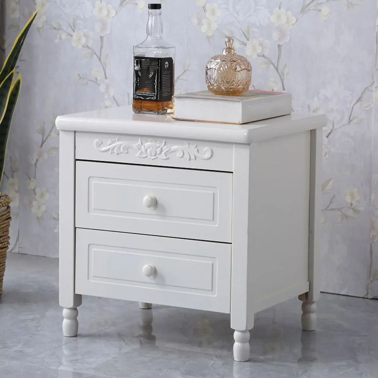 Classic Wood White Carved 2-Drawer Nightstand Image - 5 | homeyfad