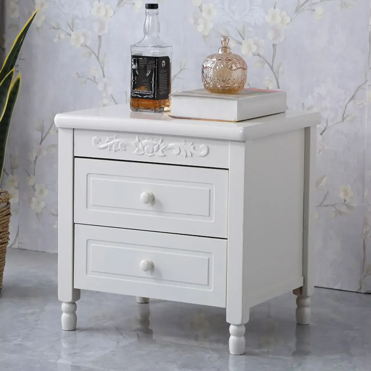 Classic Wood White Carved 2-Drawer Nightstand Image - 5