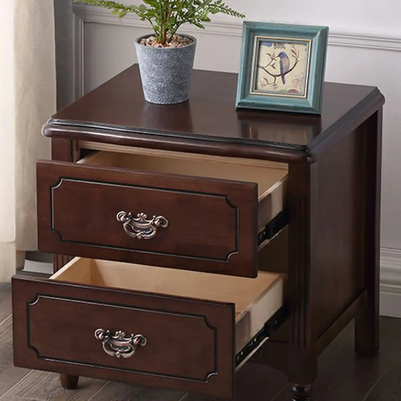Classic Wood White Carved 2-Drawer Nightstand Image - 3 | homeyfad