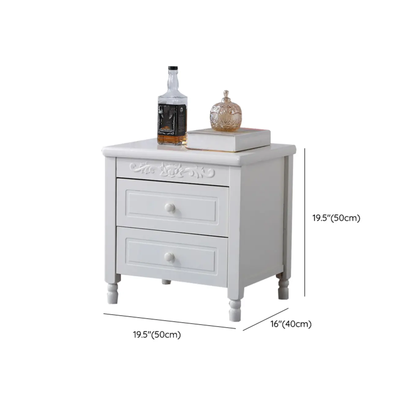 Classic Wood White Carved 2-Drawer Nightstand #size