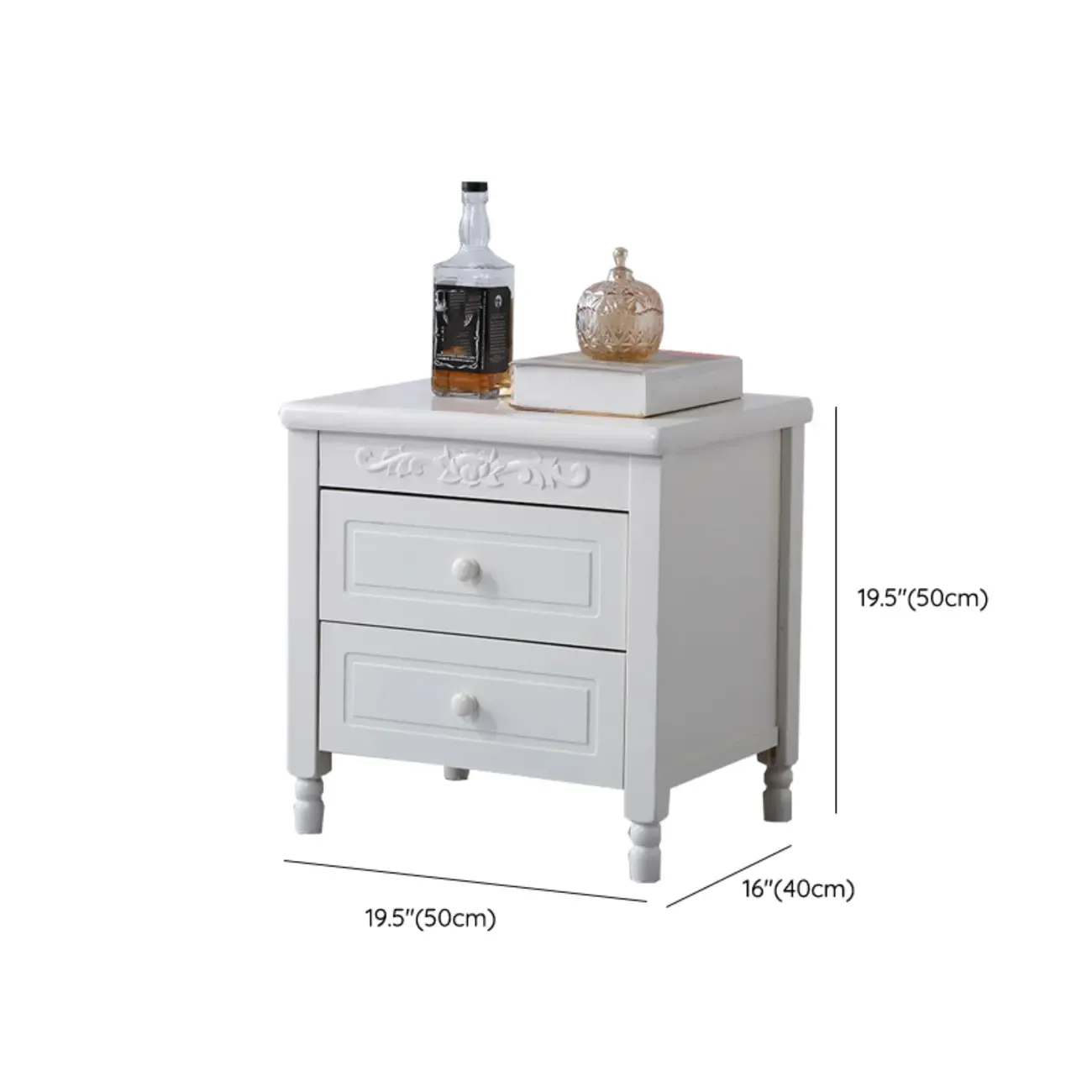 Classic Wood White Carved 2-Drawer Nightstand #size