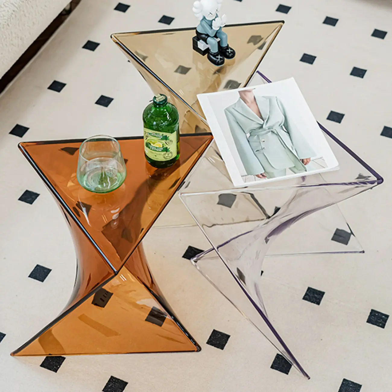 Living Room Acrylic Triangle Side Table with Twisted Base Image - 4 | homeyfad