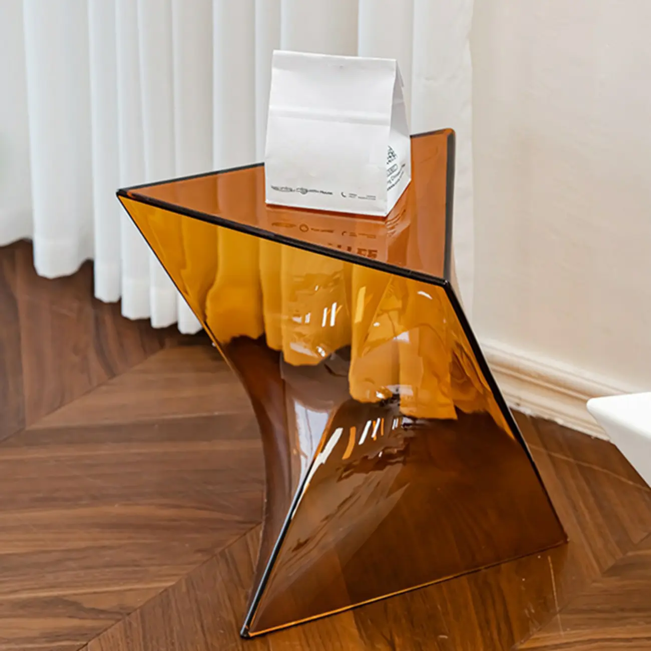 Living Room Acrylic Triangle Side Table with Twisted Base Image - 3 | homeyfad