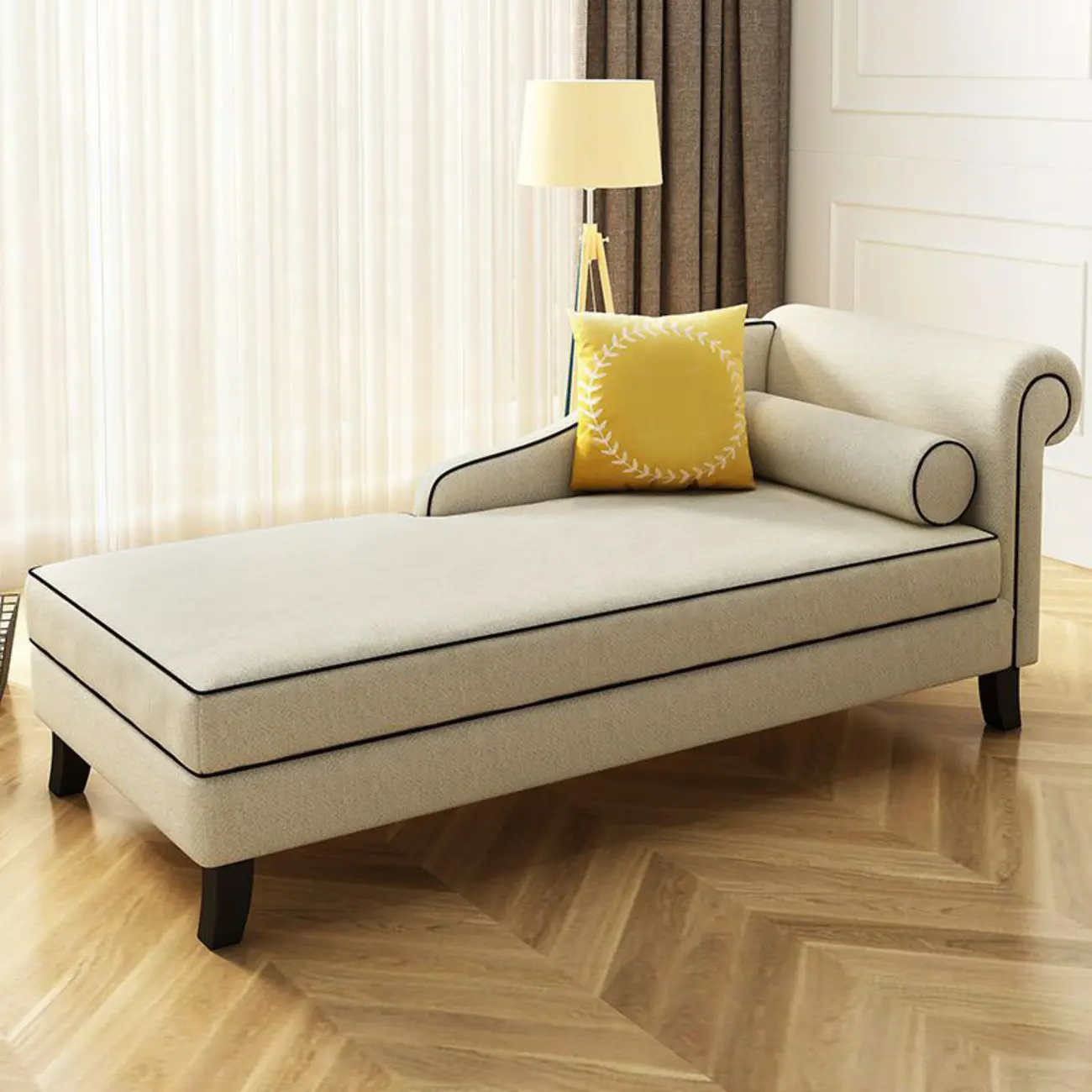 Modern Beige Cotton Solid Wood Chaise Lounge with Pillow & Arm Image - 1 | homeyfad