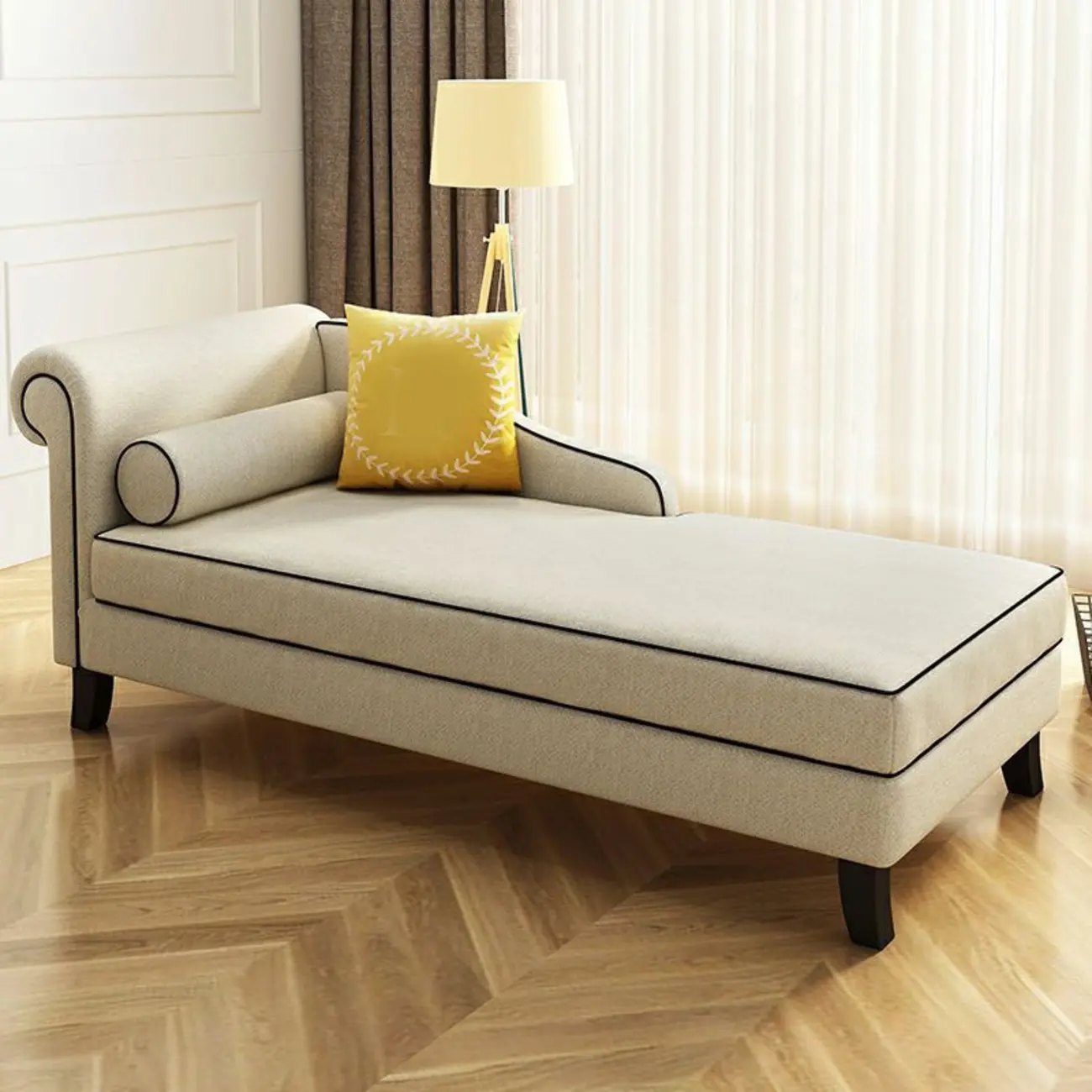 Modern Beige Cotton Solid Wood Chaise Lounge with Pillow & Arm Image - 2 | homeyfad