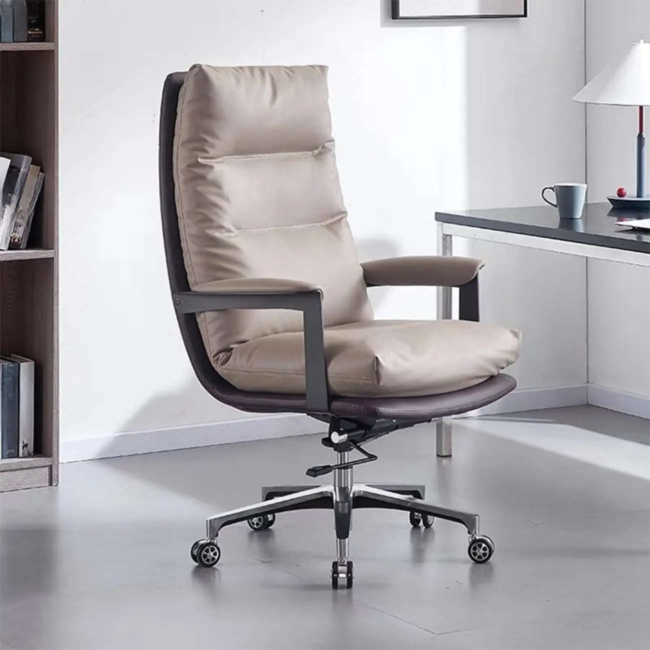 Rotatable Lifting Gray Leather Office Chairs with Arms and Wheels Image - 1 | homeyfad