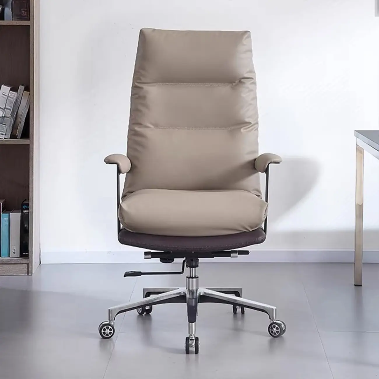 Rotatable Lifting Gray Leather Office Chairs with Arms and Wheels Image - 2 | homeyfad