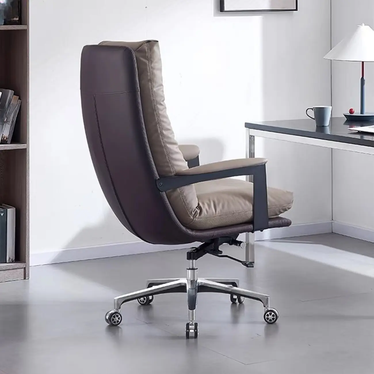 Rotatable Lifting Gray Leather Office Chairs with Arms and Wheels Image - 3 | homeyfad