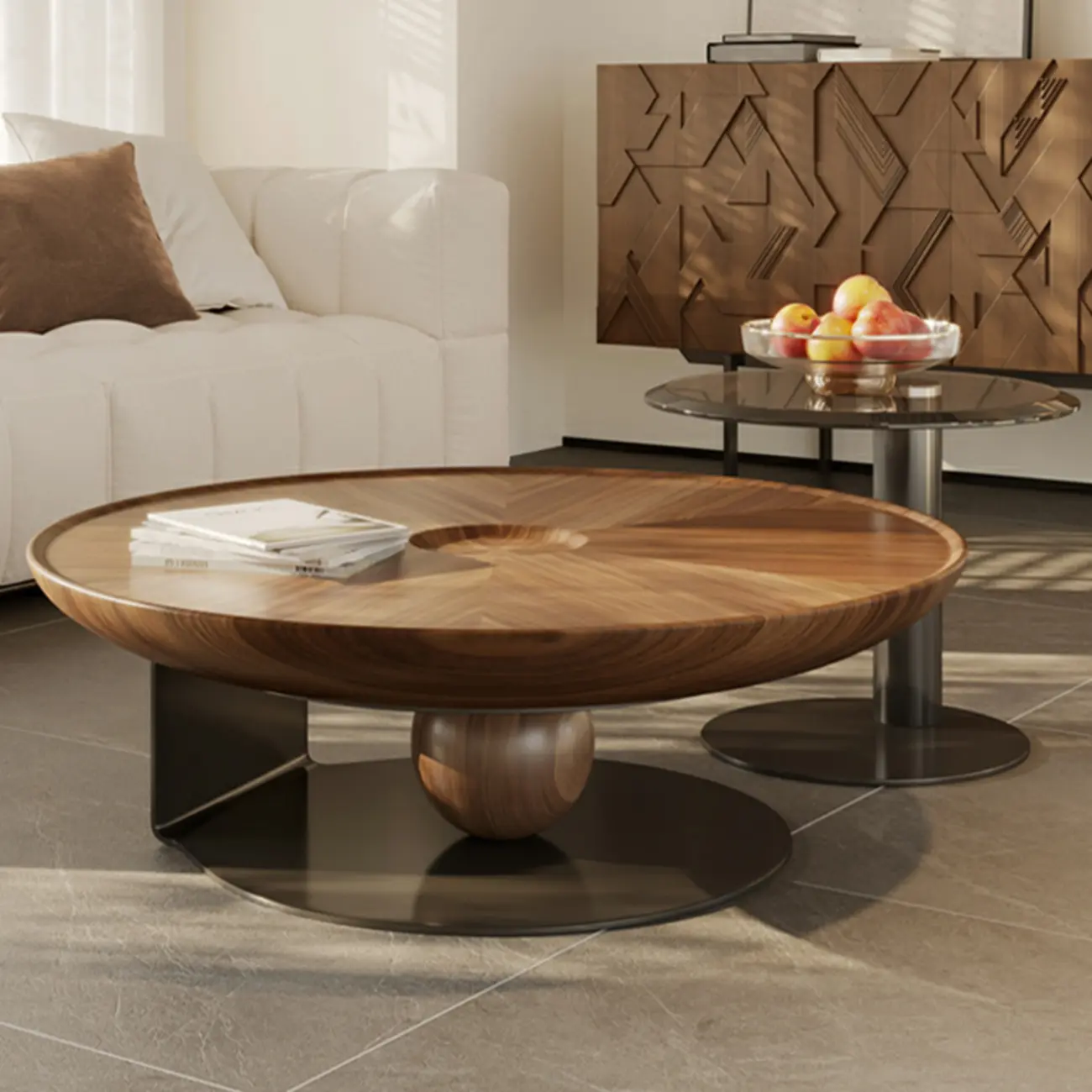 Tray Top Wood Walnut Abstract Base Round Coffee Table Image - 1 | homeyfad