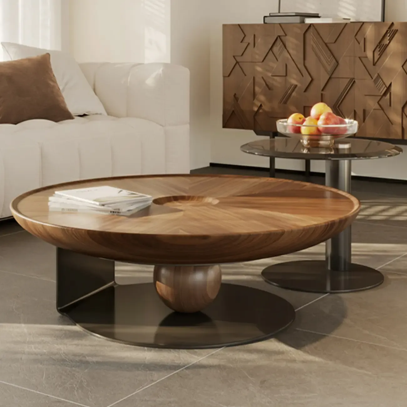 Tray Top Wood Walnut Abstract Base Round Coffee Table Image - 1
