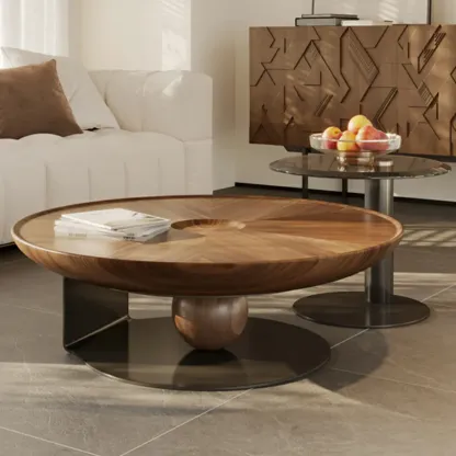 Tray Top Wood Walnut Abstract Base Round Coffee Table Image - 1