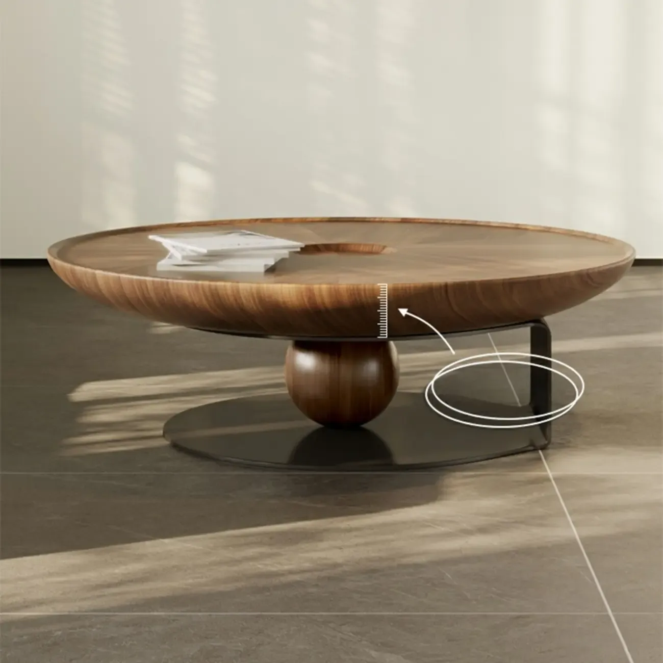 Tray Top Wood Walnut Abstract Base Round Coffee Table Image - 2