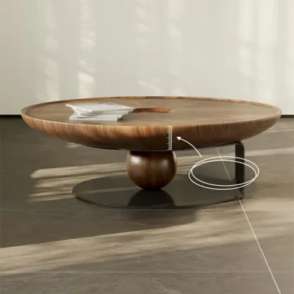 Tray Top Wood Walnut Abstract Base Round Coffee Table Image - 2