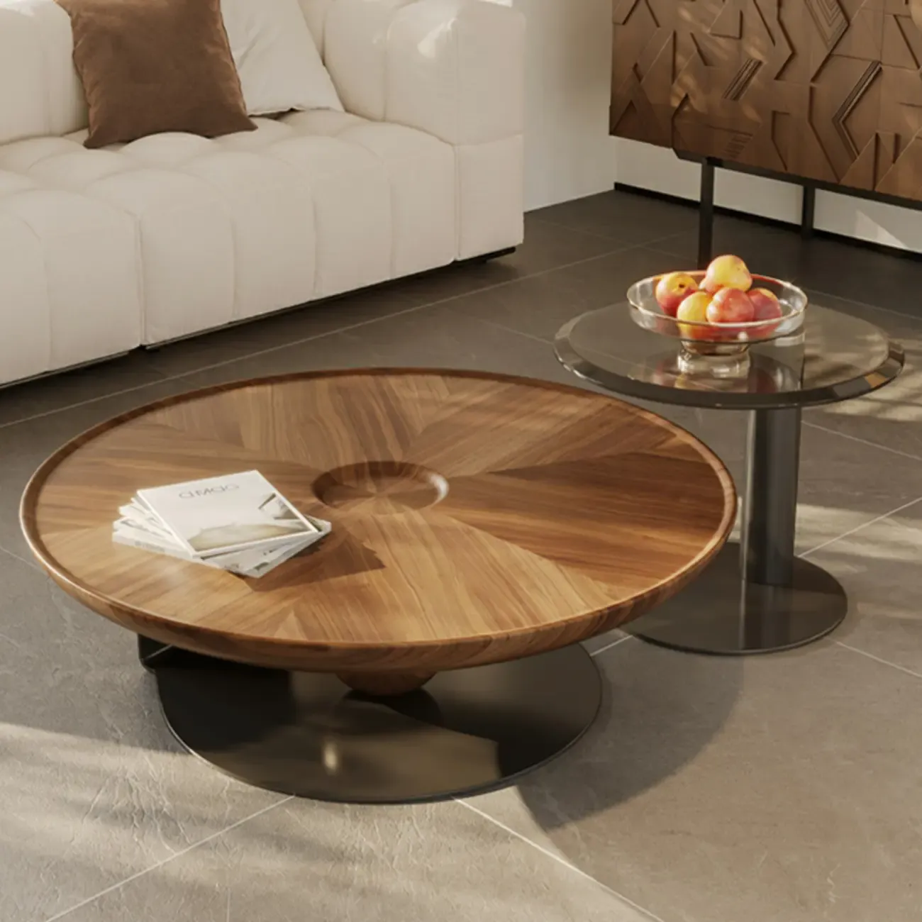 Tray Top Wood Walnut Abstract Base Round Coffee Table Image - 3