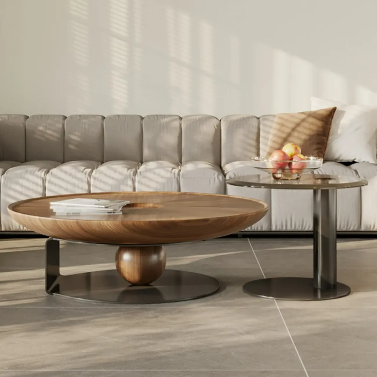Tray Top Wood Walnut Abstract Base Round Coffee Table Image - 4