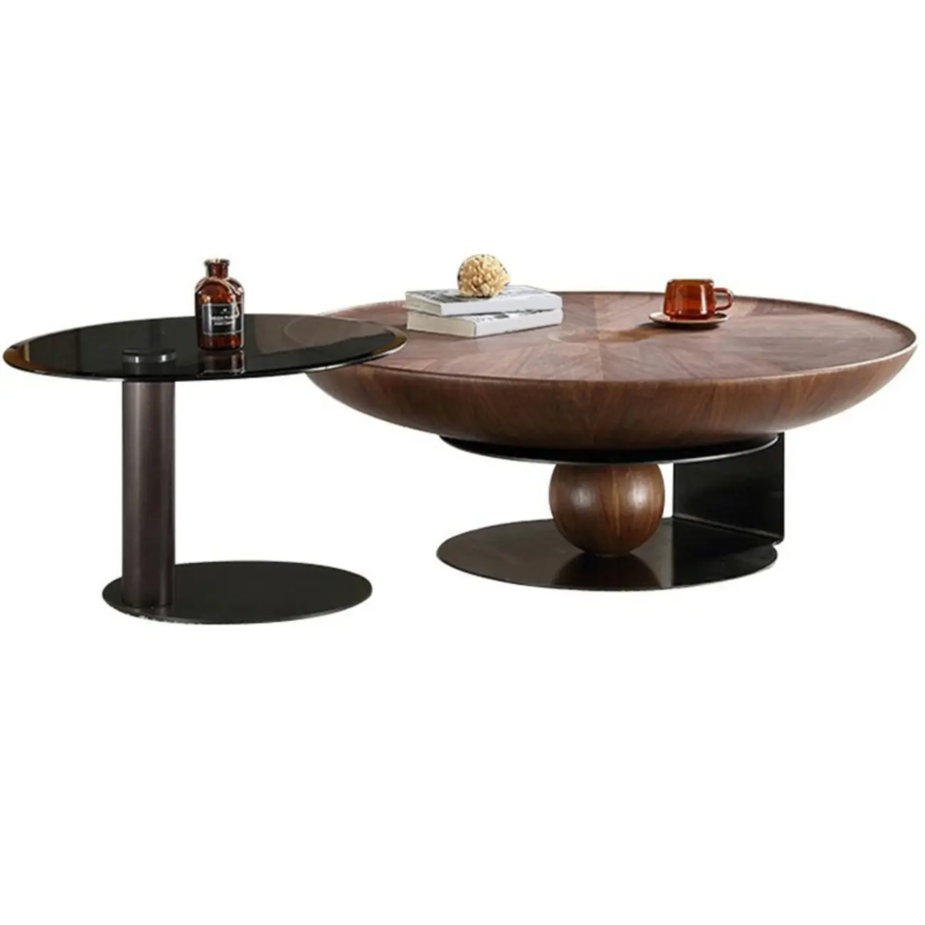 Tray Top Wood Walnut Abstract Base Round Coffee Table Image - 5 | homeyfad