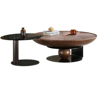 Tray Top Wood Walnut Abstract Base Round Coffee Table Image - 5