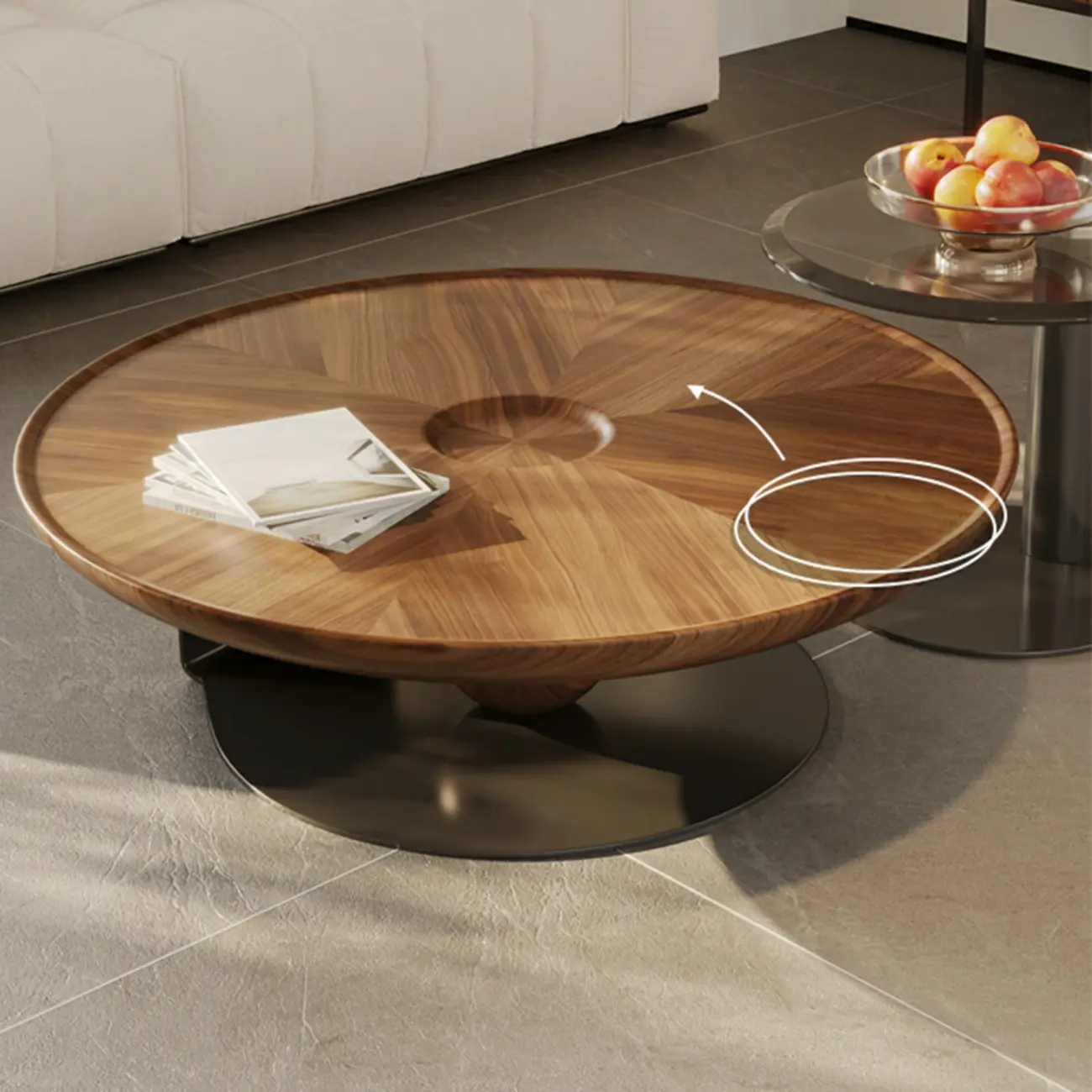Tray Top Wood Walnut Abstract Base Round Coffee Table Image - 6 | homeyfad
