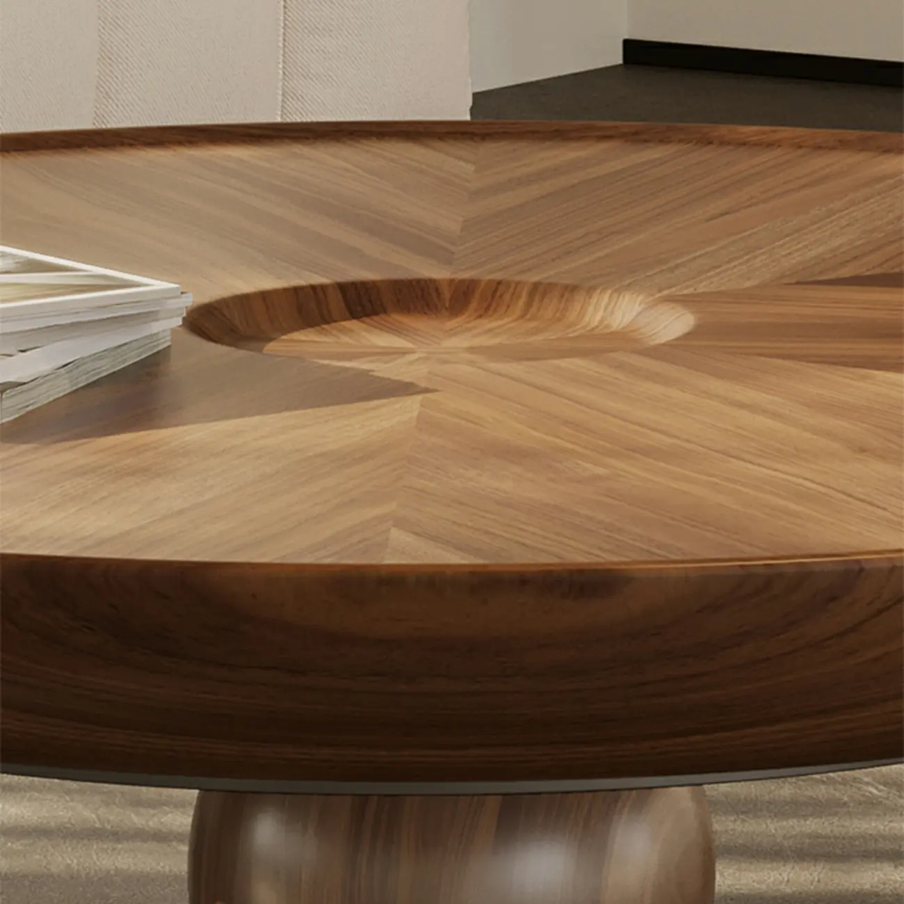 Tray Top Wood Walnut Abstract Base Round Coffee Table Image - 7 | homeyfad