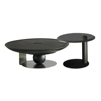 Tray Top Wood Walnut Abstract Base Round Coffee Table Image - 9