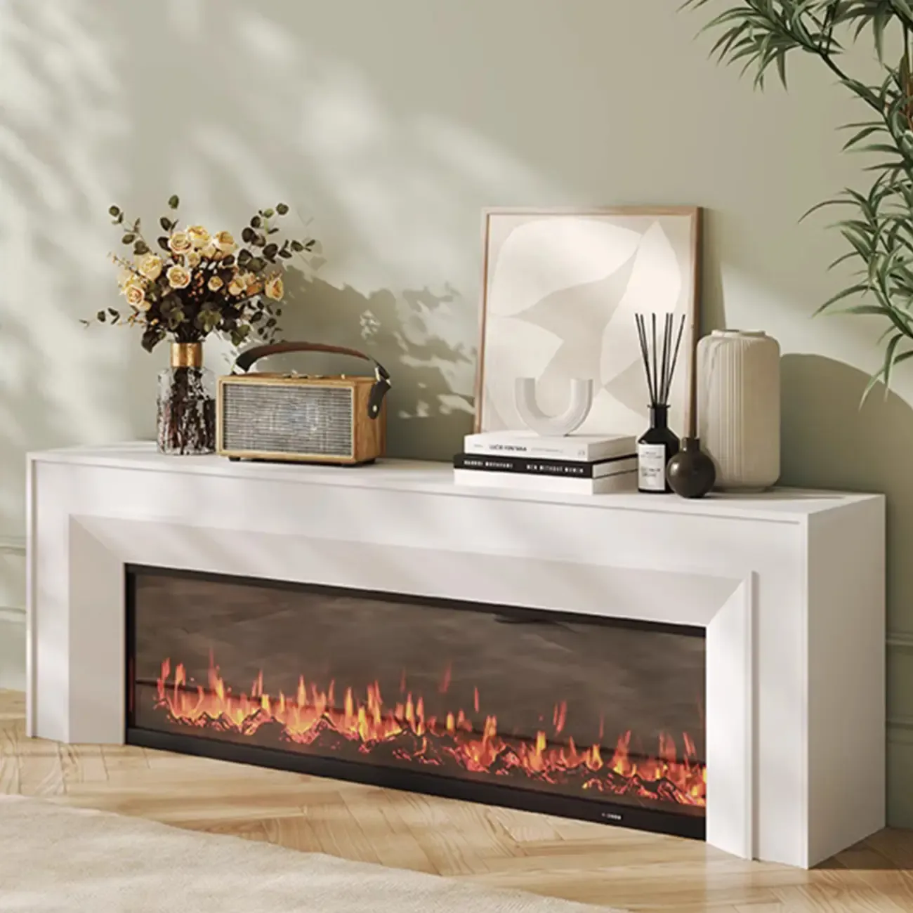 Modern Wooden TV Stand with Fireplace Storage for Living Room Image - 3