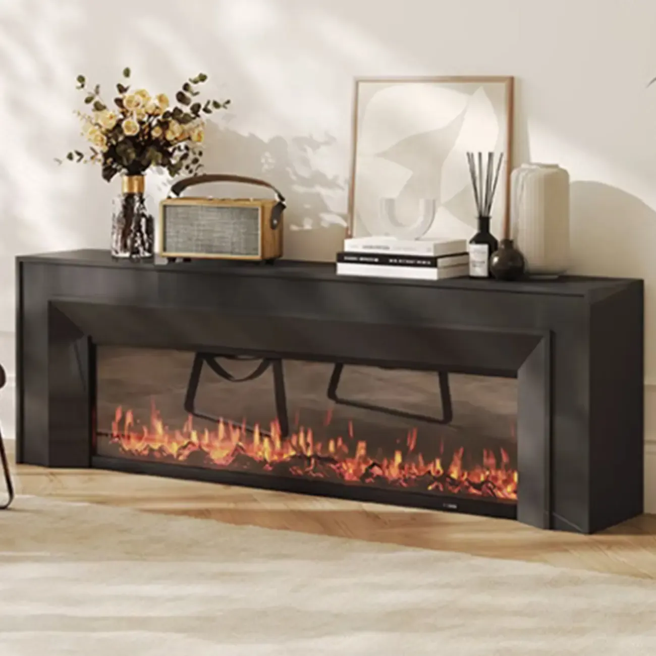 Modern Wooden TV Stand with Fireplace Storage for Living Room Image - 1