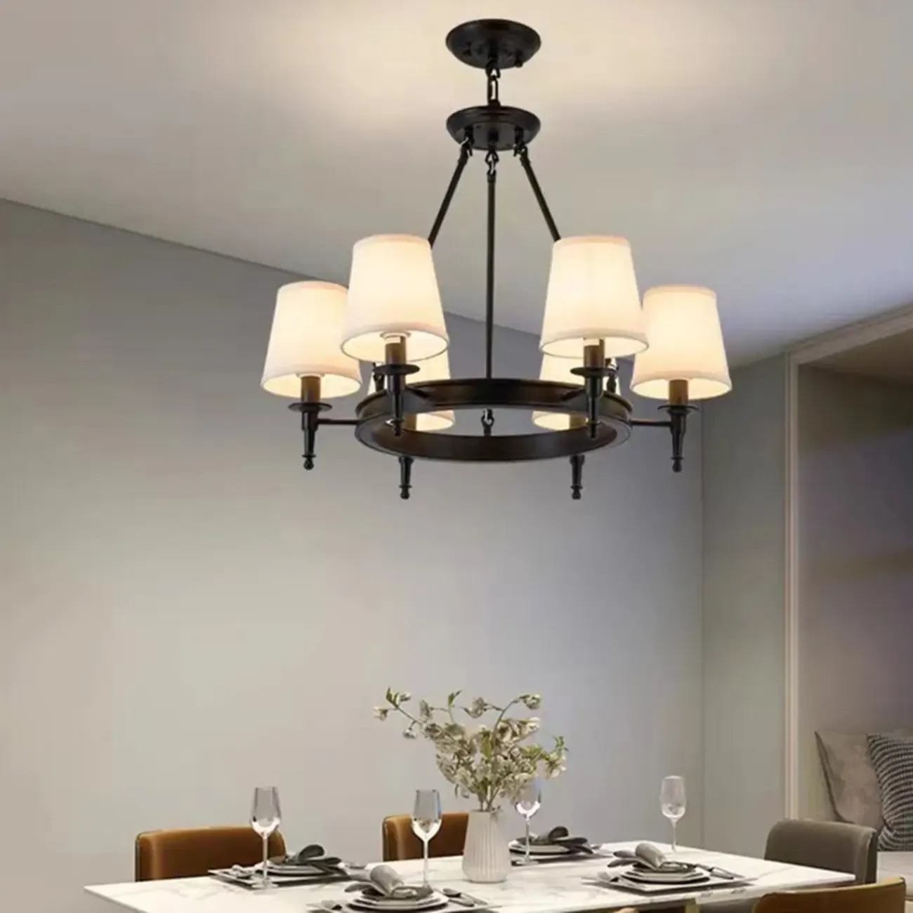 America Country Ring Fabric Lampshade Black Chandelier Image - 7