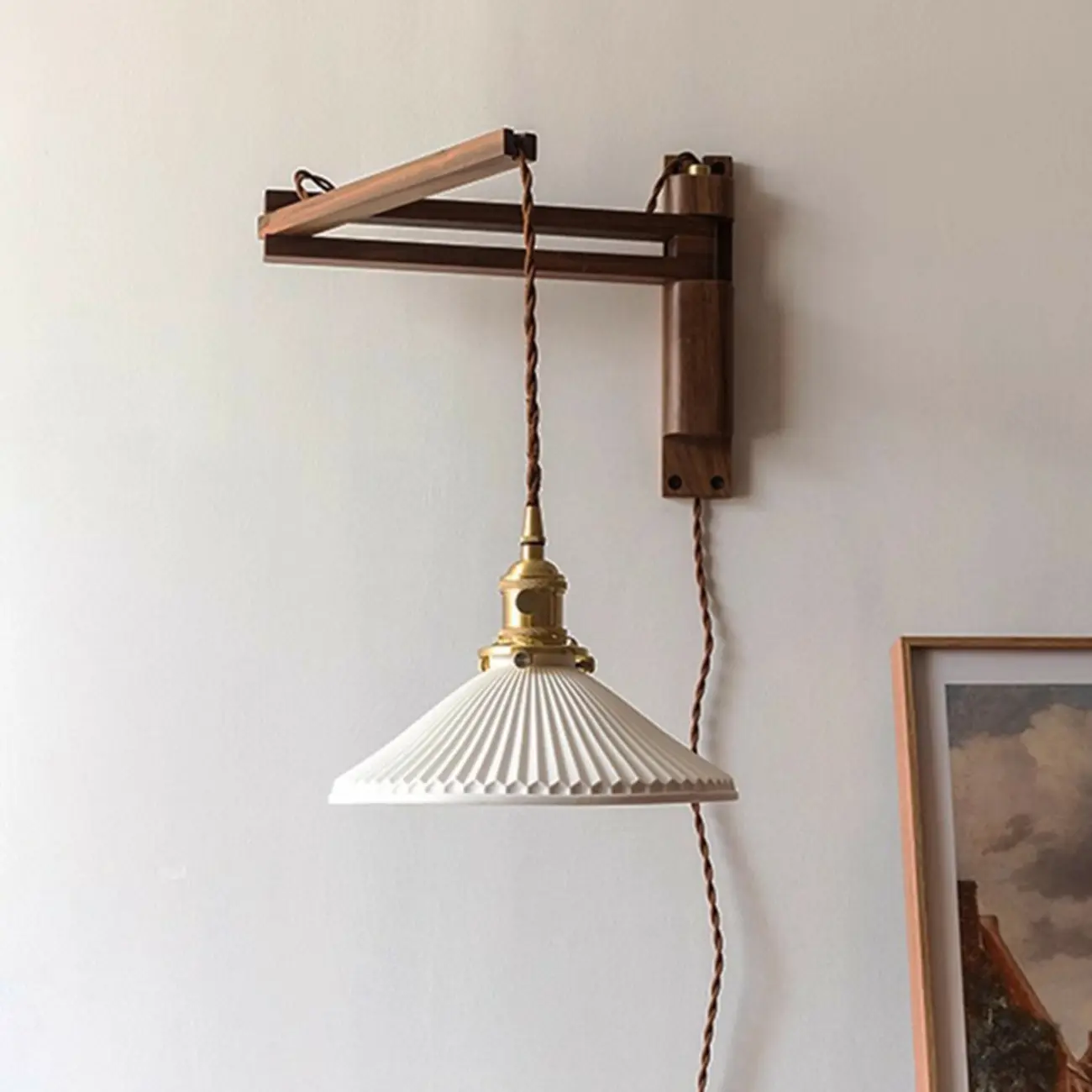 Vintage Ceramic Shade Wall Light, Wood Bracket, Indoor Use Image - 1 | homeyfad