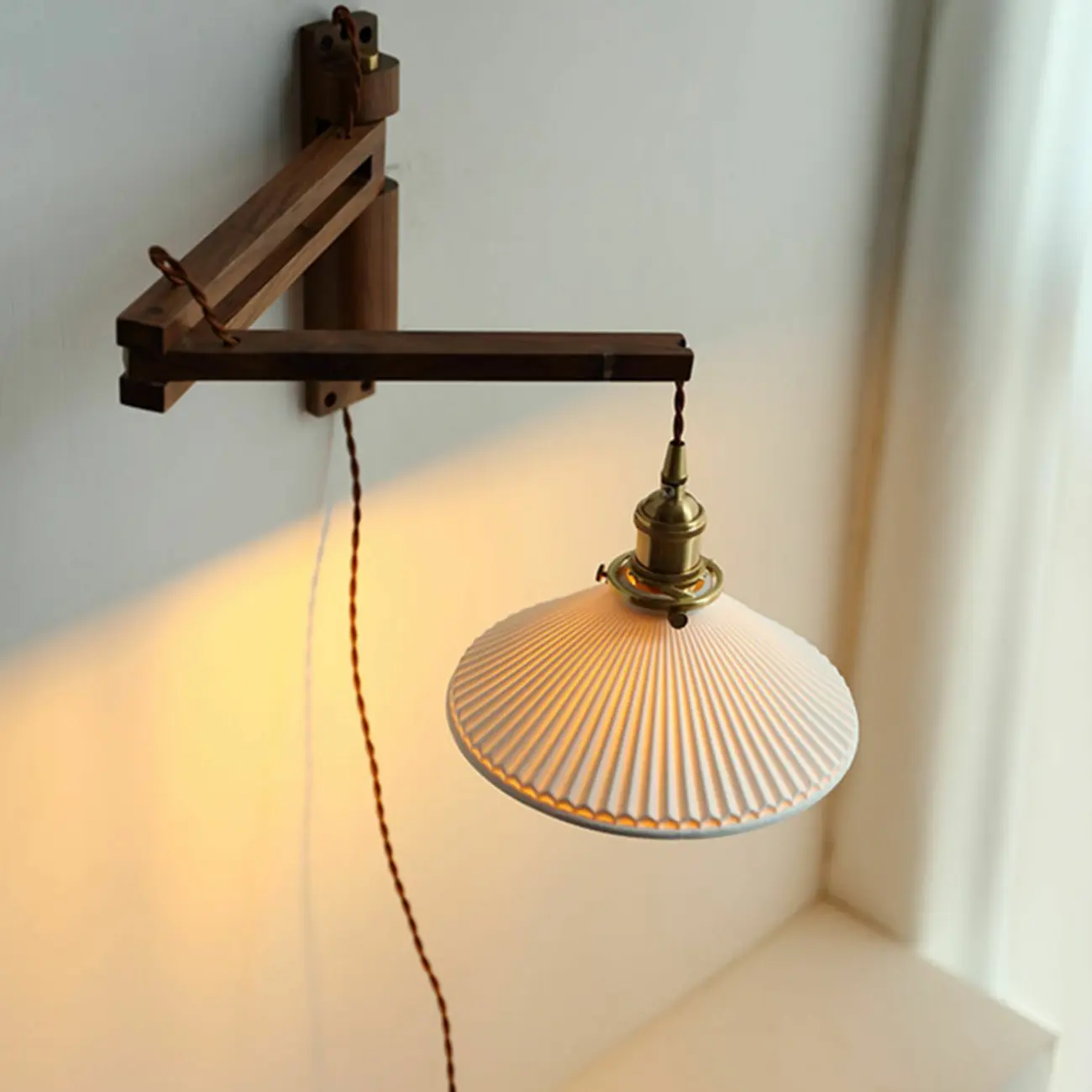 Vintage Ceramic Shade Wall Light, Wood Bracket, Indoor Use Image - 2 | homeyfad
