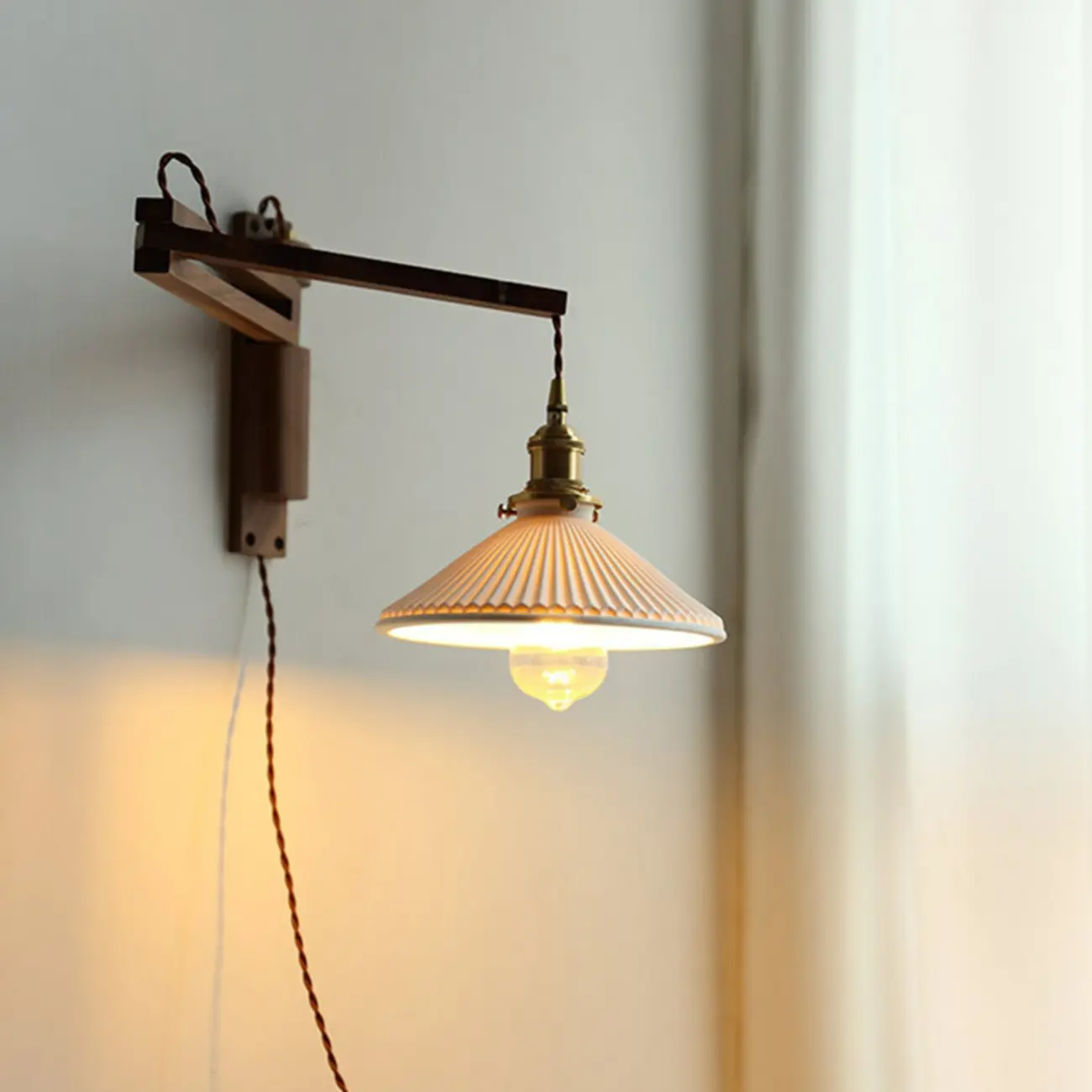 Vintage Ceramic Shade Wall Light, Wood Bracket, Indoor Use Image - 4 | homeyfad