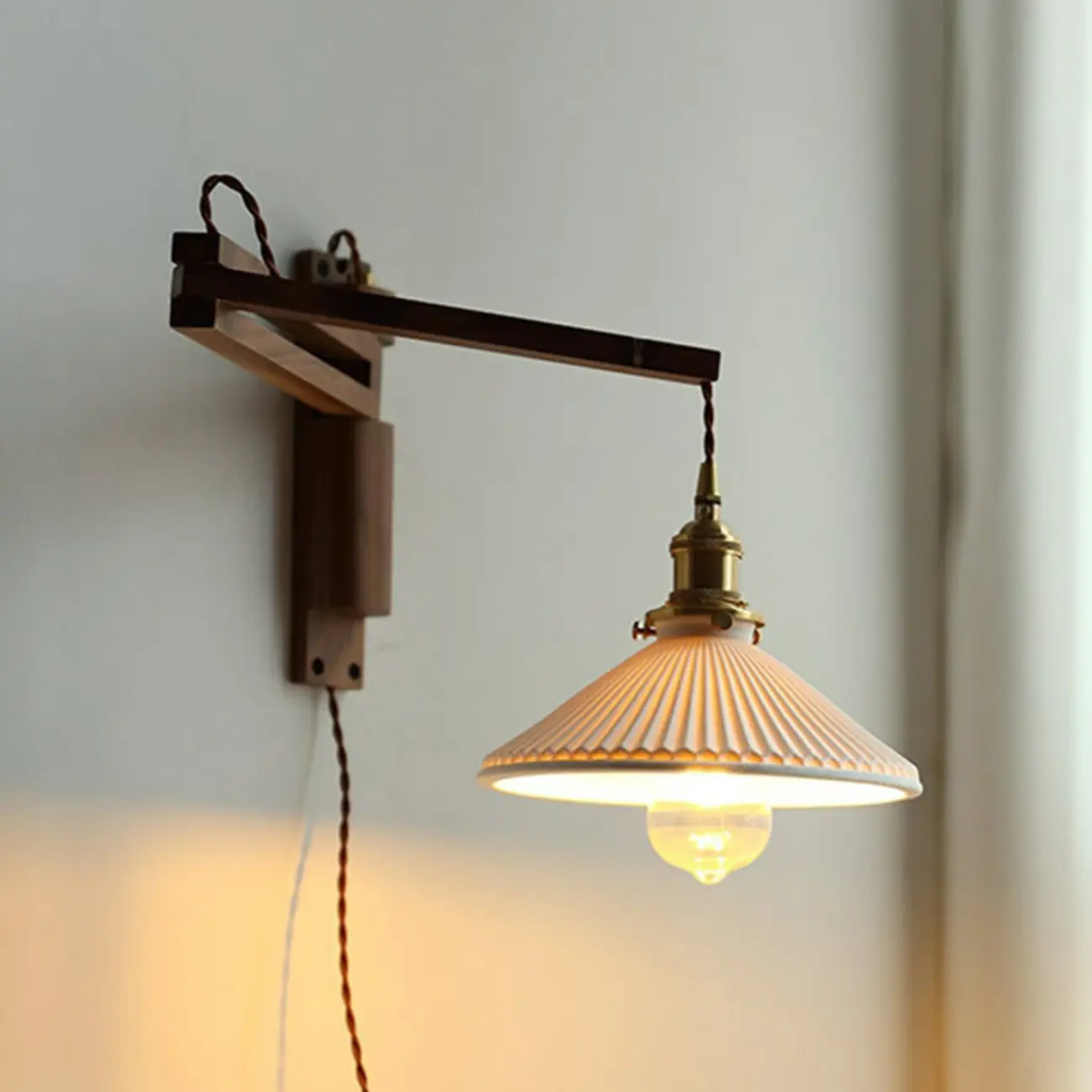 Vintage Ceramic Shade Wall Light, Wood Bracket, Indoor Use Image - 7 | homeyfad