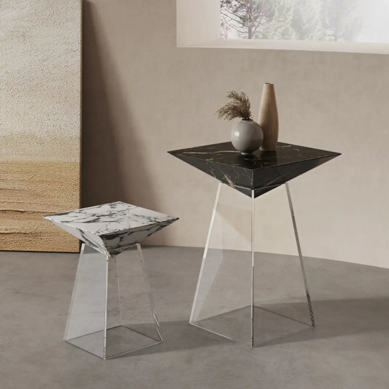 Modern Marble Square End Table with Glass Base for Living Room Image - 1 | homeyfad